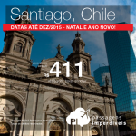 Seleção de passagens para o <b>CHILE</b>: Santiago, com datas até Dezembro/2015! A partir de R$ 411, ida e volta; a partir de R$ 672, ida e volta, COM TAXAS, em até 10x sem juros! Bons preços para o <b>NATAL</b> e <b>ANO NOVO</b>!