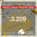Promoção de Passagens da QANTAS para a <b>Austrália: Adelaide, Brisbane, Melbourne, Sydney</b>, com datas de embarque até 2017! A partir de R$ 3.209, ida+volta; a partir de R$ 3.707, ida+volta, C/TAXAS INCLUÍDAS, em até 6x sem juros!