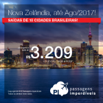 Promoção de Passagens para a <b>Nova Zelândia: Auckland, Christchurch, Dunedin, Queenstown, Wellington</b>! A partir de R$ 3.209, ida+volta; a partir de R$ 3.734, ida+volta, COM TAXAS INCLUÍDAS, em até 6x sem juros! Datas até Ago/2017!
