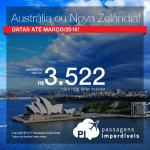 Passagens para a <b>AUSTRÁLIA</b> ou <b>NOVA ZELÂNDIA</b>! A partir de R$ 3.522, ida e volta, COM TAXAS INCLUÍDAS! Datas até Março/2018!