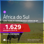 Promoção de Passagens para a <b>ÁFRICA DO SUL: Cape Town ou Joanesburgo</b>! A partir de R$ 1.629, ida e volta, c/ taxas!