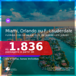 Passagens para a <b>FLÓRIDA: Miami, Orlando ou Fort Lauderdale</b>, com datas para viajar em 2021, de Janeiro até Junho! A partir de R$ 1.836, ida e volta, c/ taxas!