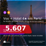 Promoção de <b>PASSAGEM + HOTEL 4 ESTRELAS</b> em uma das melhores localizações de <b>PARIS</b>: a região da Torre Eiffel! A partir de R$ 5.607, por pessoa, quarto duplo, c/ taxas! Datas de Out/21 até Jan/22!