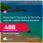 MUITO BOM!!! Passagens para <strong>FERNANDO DE NORONHA</strong>! A partir de R$ 488, ida e volta, c/ taxas! Opções de VOO DIRETO!