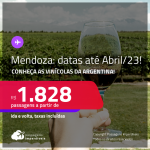 Conheça as vinícolas da <strong>Argentina</strong>: Passagens para <strong>MENDOZA </strong>a partir de R$ 1.828, ida e volta, c/ taxas! Datas para viajar até Abril/23!