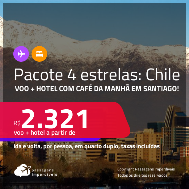 <strong>PASSAGEM + HOTEL 4 ESTRELAS</strong> com <strong>CAFÉ DA MANHÃ </strong>em <strong>SANTIAGO</strong>! A partir de R$ 2.321, por pessoa, quarto duplo, c/ taxas!