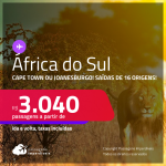 Passagens para a <strong>ÁFRICA DO SUL: Cape Town ou Joanesburgo</strong>! A partir de R$ 3.040, ida e volta, c/ taxas!