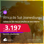 Passagens para a <strong>ÁFRICA DO SUL: Joanesburgo, </strong>com opções de VOO DIRETO! A partir de R$ 3.197, ida e volta, c/ taxas!