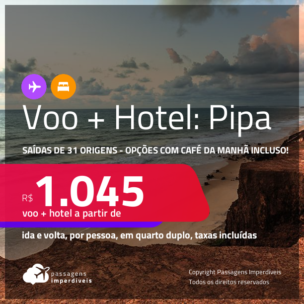 <strong>PASSAGEM + HOTEL</strong> em <strong>PIPA</strong>! A partir de R$ 1.045, por pessoa, quarto duplo, c/ taxas! Opções com CAFÉ DA MANHÃ incluso!