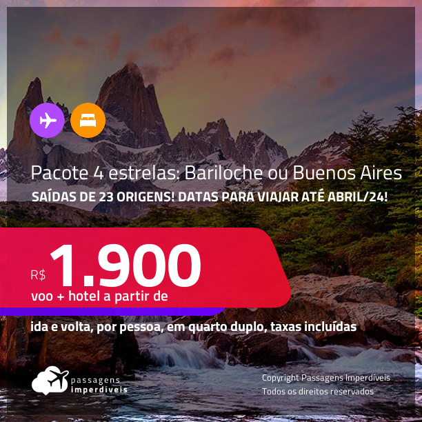 <strong>PASSAGEM + HOTEL 4 ESTRELAS</strong> na <strong>ARGENTINA: Bariloche ou Buenos Aires</strong>! A partir de R$ 1.900, por pessoa, quarto duplo, c/ taxas!