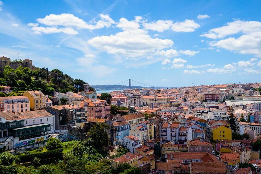 Foto geral de Lisboa com ponte e mar ao fundo